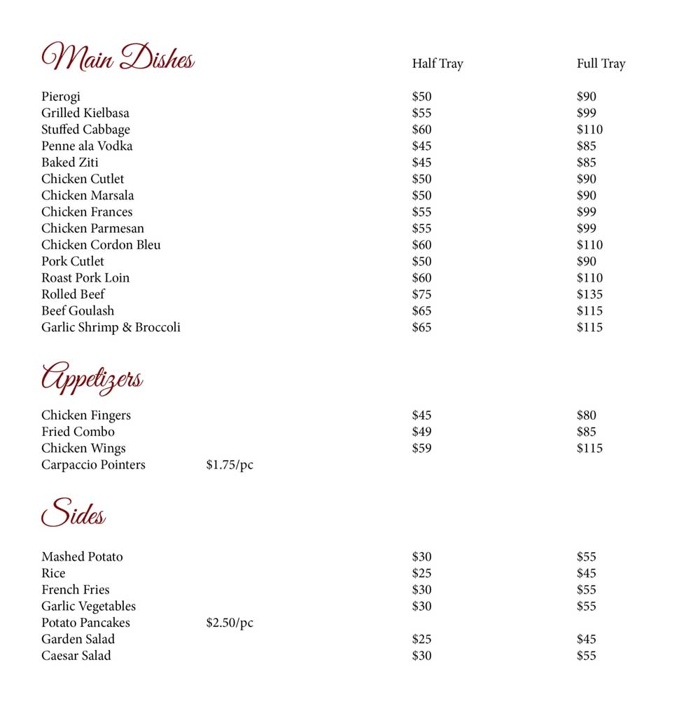Trays to Go Menu